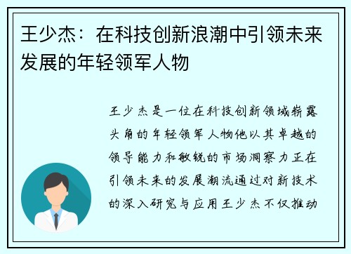 王少杰：在科技创新浪潮中引领未来发展的年轻领军人物