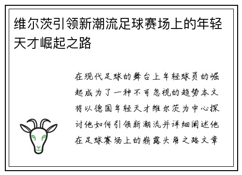 维尔茨引领新潮流足球赛场上的年轻天才崛起之路